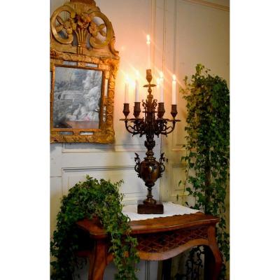 Large Bronze Candlestick, Dragons And Caryatid, Candelabra With Seven Lights, Candlestick, XIXt