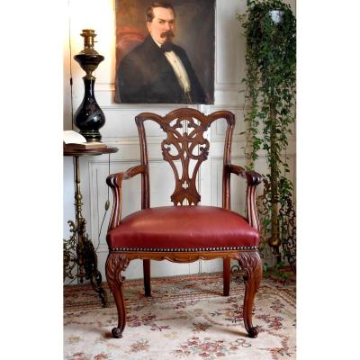 English Office Chair, Chippendale Style, Mahogany And Leather, Late Nineteenth
