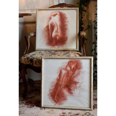 Pair Of Sanguines, Female Nude, Academic Study, Sanguine, Epoque XXth
