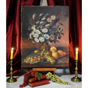 Still Life With Autumn Fruits And Flowers On Entablature, Oil On Canvas, XIX Eme
