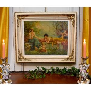 Framed Chromolithography, Elegant And Cherub, Young Women And Putto, Epoque XIX Eme