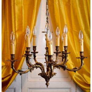 Chandelier In Gilt Bronze Louis XV Style, Decor Of Flowers And Plants, Lighting Ten Lights