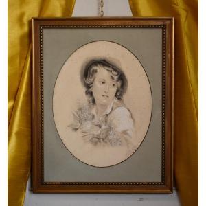 Large Portrait Of A Young Shepherd, Graphite And Pencil Drawing, 1895