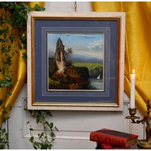 Framed Pastel, Sailboat And Landscape With Ruins, Epoque XX Eme