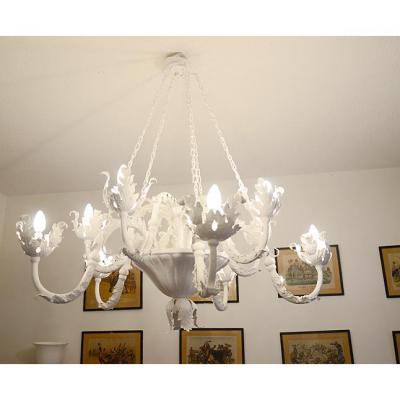 Antique Chandelier Foliage Painted White Iron