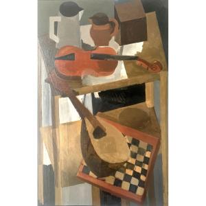 Post-cubist Still Life, 1950s, By Pierre Gougerot - Chess, Chaessboard, Guitar, Violin