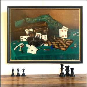 Still Life With Games - Circa 1940 - Chess -poker - Playing Cards