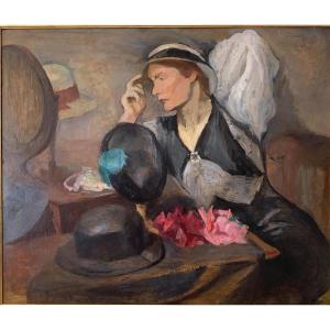 Cécile Hertz Eyrolles - Woman Trying On A Hat - Large Art Deco Painting - 1925