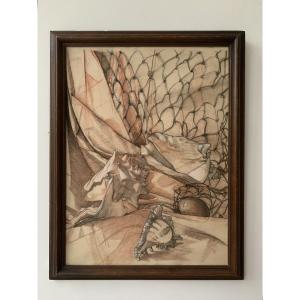 Seashells In A Net, Large Drawing 1978 - Surrealism - Hyperrealism