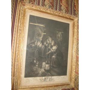 Engraving By Jacques Beauvarlet "the Double Surprise" After Gerrit Dou.