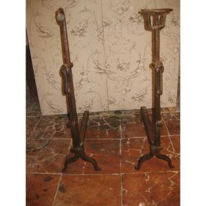 Pair Of 17th Century Wrought Iron Landiers With Swiveling Spit Holders.