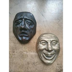 Pair Of Bronze Masks - Signed Feuillâtre