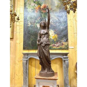 Large Cast Iron Torchiere Statue Representing A Woman. Nineteenth Century