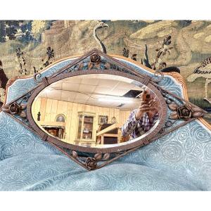 Art Deco Period Rhombus Wall Mirror In Wrought Iron, Circa 1920