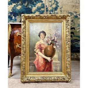 Casimir Raymond -portrait Of Woman With Bouquet, Oil On Canvas Circa 1900. Art Nouveau.