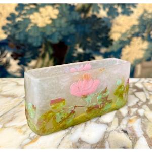 Daum Nancy - Jardiniere-shaped Vase With Roses In Flush Slabs. Art Nouveau