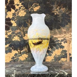 Daum Nancy - Rare Vase With Enameled Decoration Of A Venetian Landscape. Art Nouveau Glass Pate