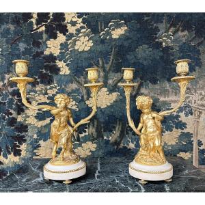 Pair Of Louis XVI Style Gilt Bronze Candelabra With Love Decor, After Clodion, Napoleon III