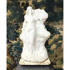 Carrara Marble Statue Of An Elegant Woman In A Long Dress, Art Nouveau Sculpture