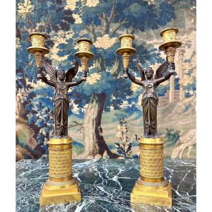Pair Of Candelabras With Victories Or Winged Women In Gilt Bronze, Empire Period, Napoleon I
