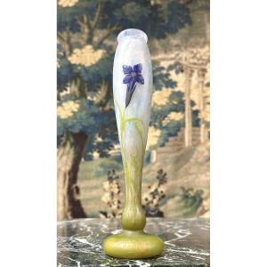 Daum Nancy - Rare Vase With Gentian Decoration In Flush-mounted Slabs. Art Nouveau
