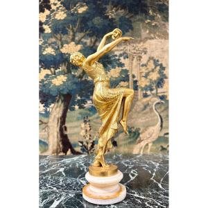 Joe Descomps - Dancer With A 45 Cm Mask, Art Deco Gilt Bronze Subject, Circa 1920