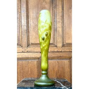 Daum Nancy - Rare Vase With Olives In Hot-applied Cabochons, Art Nouveau Glass Paste