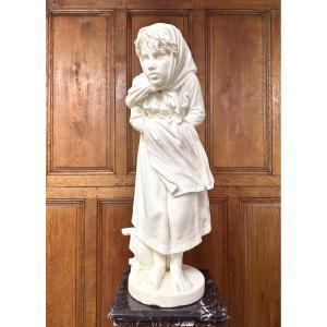 The Chilly One - Statue Of A Young Woman In Carrara Marble, Late 19th Century