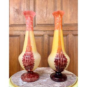 Charles Schneider, Le Verre Français, Charder, Pair Of Amarante Model Vases, Art Deco