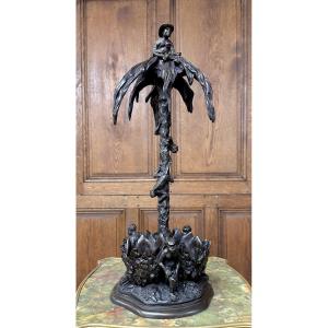 Christophe Fratin - Cigar Holder Palm Tree, Bronze Torch With Monkeys, Napoleon III Period