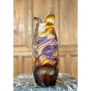 Emile Gallé - Rare Artistic Tulip Vase, Fire-polished Decoration. Art Nouveau Period 