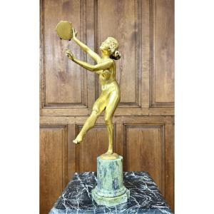 D. Simon - Dancer With A Tambourine, Gilded Bronze Sculpture From The Art Deco Period, Statue 1920