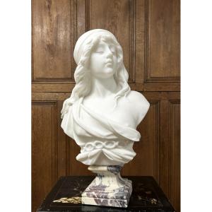 Adolfo Cipriani - Bust Of A Young Woman In White Carrara Marble, Art Nouveau