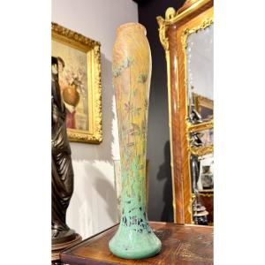Daum Nancy - Important Vase Decorated With Hemp Leaves, Art Nouveau Period