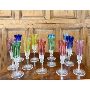 Saint-louis Tommy Pattern, Set Of Twelve Colored Crystal Champagne Flutes, Tommy Glasses