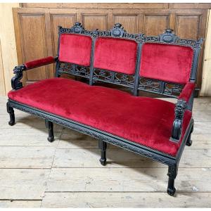 Large Japanese-style Sofa In Carved Wood And Red Velvet In The Style Of Viardot. Late 19th Century