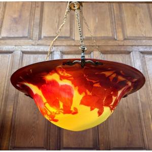 Emile Gallé - Large Ceiling Light Or Basin Decorated With Magnolias, Art Nouveau Period Chandelier 