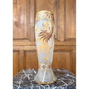Daum Nancy - Rare Art Nouveau Enameled Vase With Heraldic Lion 