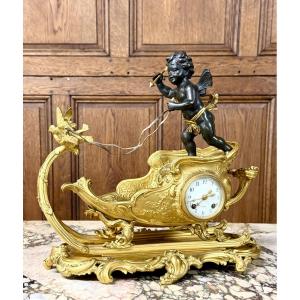 Rococo Clock With Chariot And Child In Gilt Bronze, Napoleon III Period