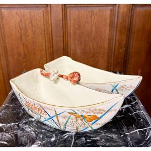 émile Gallé Earthenware, Double-compartment Jardinière Decorated With Butterflies. Art Nouveau