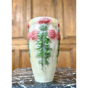 Gabriel Argy-rousseau, Vase Decorated With Red Thistles, Art Deco Pâte De Verre 