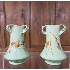 Clement Massier Golf Juan - Pair Of Ceramic Vases Decorated With Leaves. Art Nouveau 