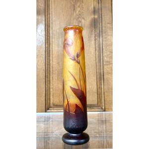 Daum Nancy - Straight Vase Decorated With Tobacco Flowers, Hammered Surface. Art Nouveau
