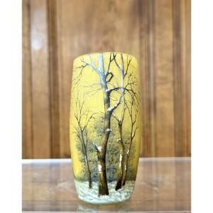 Daum Nancy - Art Nouveau Goblet Vase With A Snowy Landscape Decoration, Art Nouveau Period