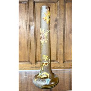 Emile Gallé Crystalworks - Art Nouveau Period Chrysanthemum Vase In Enamelled And Gilded Glass