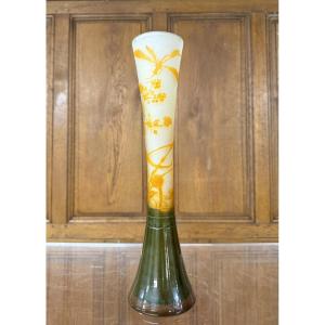 émile Gallé - Beautiful Diabolo Vase With Dragonfly. Art Nouveau Period