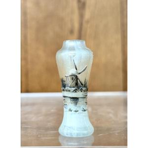 Daum Nancy - Miniature Vase With Snow-covered Village Landscape And Windmill. Art Nouveau Period