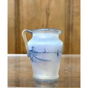 Daum Nancy - Small Grisaille Pitcher Decorated With Dutch Landscapes And Windmills. Art Nouveau