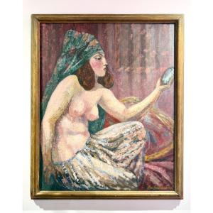 émile Gaudissard - Woman With Mirror, Oil On Panel, Art Deco Period