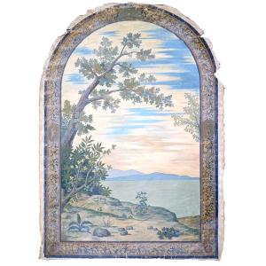 Large Painted Canvas Trompe l'Oeil Late 19th Century Representing A Mediterranean Lake Landscape.
